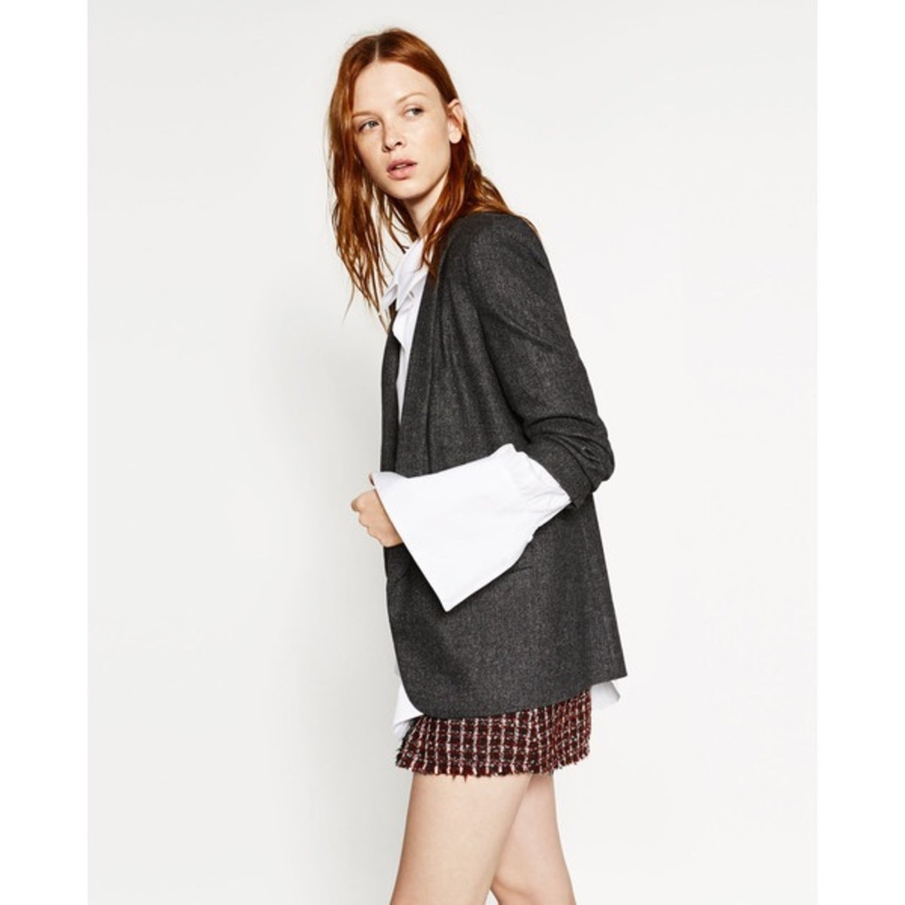 NWT Zara Gathered Sleeve Gray Tuxedo Blazer - Picture 3 of 3